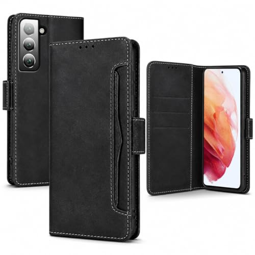 für Samsung S21 Hülle mit Schutzfolie Klapphülle Kartenfach Handyhülle für Samsung Galaxy S21 5G Lederhülle Handytasche Flip Wallet Case Klappbar 360 Grde Stoßfest Schutzhülle Cover (Schwarz)