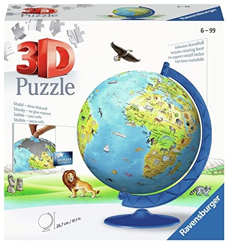 Ravensburger - Puzzle 3D Ball éducatif - Globe terrestre - A partir de 6 Ans - 180 pièces numérotées à Assembler sans Colle - Support Rotatif Inclus - 12339