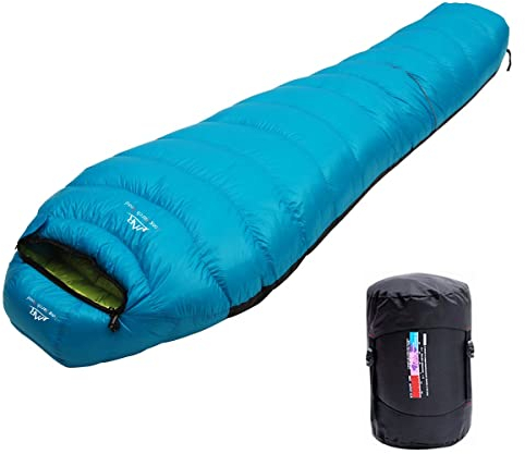 LMR Outdoor ultraleichter Mumien-Daunenschlafsack zum Camping mit Kompressionssack, himmelblau