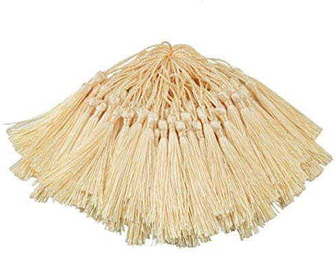 Makhry 100pcs 13cm / 5 Zoll Seidige Floss Lesezeichen Quasten mit 2-Zoll-Kabel Schleife und kleinen chinesischen Knoten für Schmuckherstellung, Souvenir, Lesezeichen, DIY Handwerk Zubehör(Sahne)