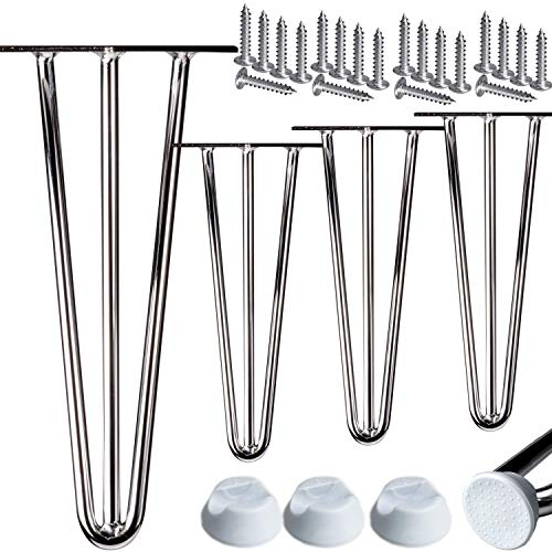 STAHLIA Haarnadel Tischbeine Möbelfuß Höhe 61cm Chrom (4er SET) 3 Streben Ø12mm Tischgestell Hairpin Leg Möbelfüße Schalldämmung inkl. Bodenschoner