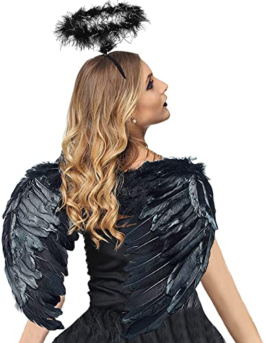 Disfraz de alas de ángel, disfraz de ángel, plumas para niños y adultos con halo para Halloween, carnaval, cosplay, fiesta (negro, grande (65 x 45 cm))