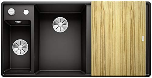 BLANCO AXIA III 6 S-F | Granitspüle aus SILGRANIT schwarz | Hauptbecken | [99x50x20,2 cm] | für 60 cm breite Unterschränke | mit Holzschneidbrett | Hauptbecken links | Einbauart: Flächenbündig