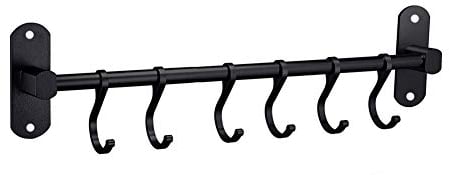 YunNasi Hakenleiste Küche 40cm mit Klebepads Küchenhalterung mit 6 Haken Hängeleiste Küchenstange Schwarz für Küchenutensilien Küchenreling aus Aluminium