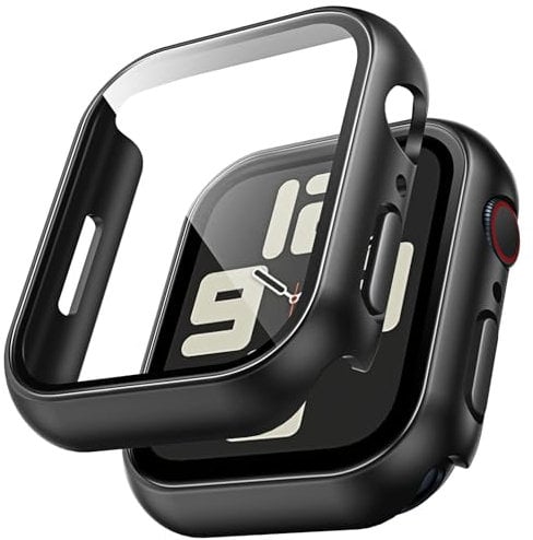 TAURI 2 Pack Hard Case for Apple Watch SE 3 /Series 6/5/4 /SE 44mm with 9H Tempered Glass Screen Protector, [Touch Sensitive] [Full Coverage] Slim Bumper Protective Cover for iWatch 44mm - Black