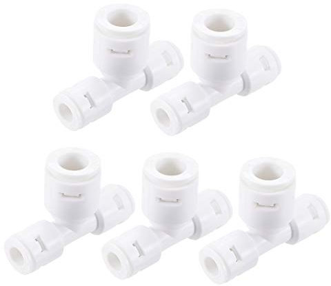 sourcing map Rápido Conector 3 Salidas Tipo T 1/4x1/4x3/8 Presión Ajuste Conexión Accesorios para RO Agua Purificador, 48x34mm Blanco 5Uds