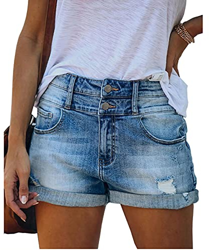 Bichingda, Short décontracté en denim pour femme taille haute avec ourlet effiloché déchiré et jeans d'été court avec poches, bleu ciel, M