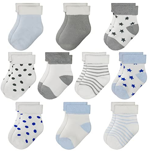 TRAMLE Calzini spessi in spugna, 10 paia (0-3 anni) per neonati e ragazze, set di calzini alla caviglia caldi e carini, Grigio e blu., 0-6 Months