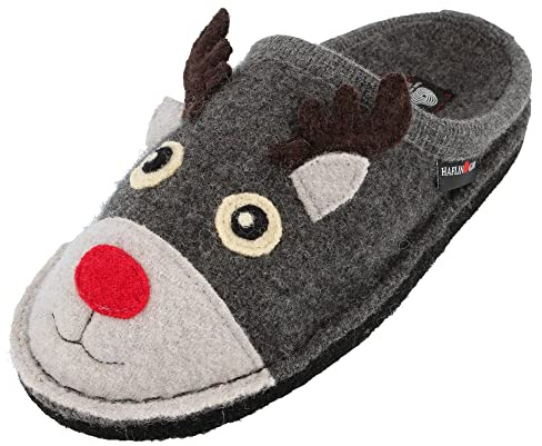 HAFLINGER Flair Renna Wollwalk Pantoffel Hausschuh Rentier Grau (Anthrazit 4), Gr. 38
