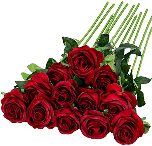 Hawesome 12PCS Künstliche Rosen Gefälschte Blumen Einzelne Lange Stielblüten mit Rosenknospen Hochzeitsdekoration Brautstrauß Dekoratives Blumenarrangement Dekoration Party Mittelstücke (Weinrot)