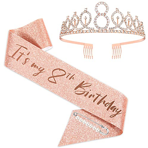 SZHUIHER Happy 8th Birthday Schärpe und Krone für Mädchen, Its My 8th Birthday Sash Birthday Bday Party Accessories, Birthday Decoration, 8th Birthday Crown, Glitter Birthday Sash Roségold