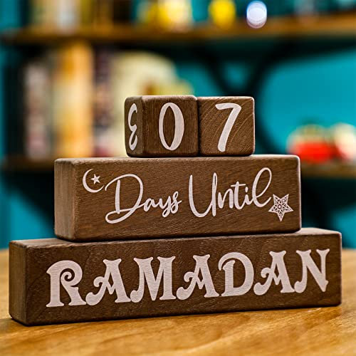 4 Stück Ramadan Kalenderblock Ramadan Advent Countdown Eid Kalender Countdown Kalender Ramadan Tischdekoration Ramadam Holzschild Ramadan Mubarak Holzornament Block Kalender der islamischen Monate
