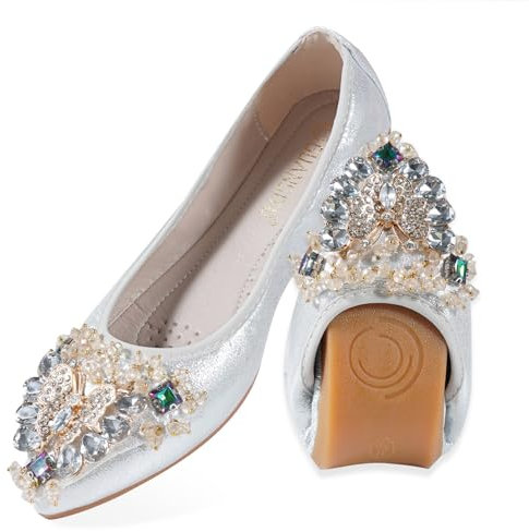MACHSWON Women Ballet Flats Butterfly Rhinestones Wedding Ballerina Shoes Foldable Sparkly Comfort Slip on Flat Shoes Dress Flats for Women(Silver 6, Size 6)