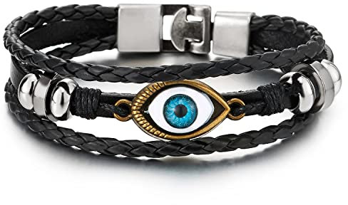 COOLSTEELANDBEYOND Trois Rangées Mauvais Oeil Charms - Homme Femme Bracelet en Noir Cuir - Envelopper Bracelet