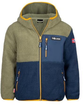 Trollkids Kids Aurlandsfjord Jacket | Warme Jacke aus Sherpa-Fleece, Zwei seitliche Taschen mit Reißverschluss, Angeschnittene Kapuze