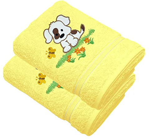 Lashuma Baby Badetuch Set mit Stick: Hund, 2X Kinder Handtücher Gelb, Babyduschtuch Größe: 50x90 cm