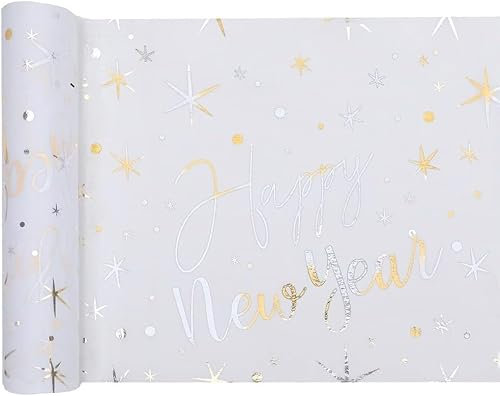 Miss Lovely Tischläufer Silvester Happy New Year Tischdecke Tischband in weiß & Gold mit Sternen Tisch-Dekoration Silvester Neujahr Jahreswechsel Silvester-Deko Silvester-Party 3 Rollen = 7,5m