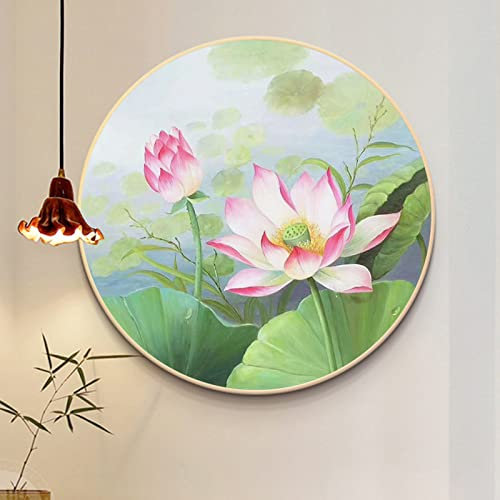 Peinture À Lhuile sur Toile Peinte À La Main,Art Mural Extra Large Peint À La Main Fleur De Lotus Peinture Orientale sans Cadre Peintures À l'huile Ronde Originale Texturée Décoration D'A