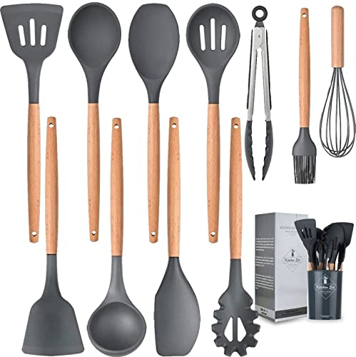 WRPLU Silicone Cooking Utensils Kitchen Utensil Set, 12 PCS Wooden Handle Nontoxic BPA Free Silicone Spoon Spatula Turner Tongs Kitchen Gadgets Utensil Set for Nonstick Cookware with Holder