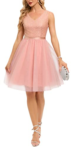 Meetjen Robe de bal de fin d'année, de cocktail, de soirée, de bal de promo, de tulle à paillettes scintillantes, sans manches, robe trapèze pour adolescente, rose poudré, Taille XL