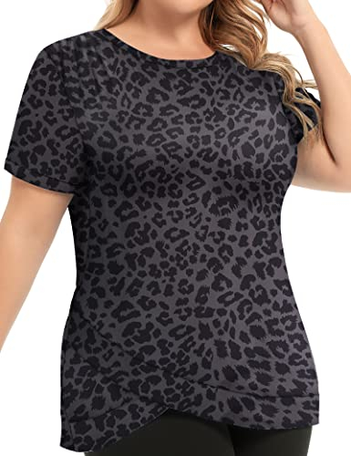 FOREYOND Damen-Oberteil, Übergröße, Workout, Sport, lockere Passform, athletisch, Yoga, Laufen, kurzärmelig, Dd-Grey Leopard, X-Large Mehr