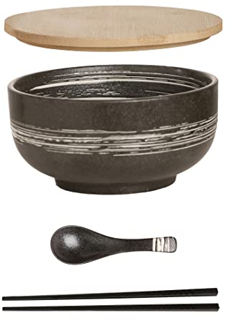 Ramen Schüssel Keramik Set mit Löffel Essstäbchen,1100 ML Großer Suppenschüssel,Salatschüsseln Für Suppe, Pho und Sushi Bowl (Grau Schale Set)