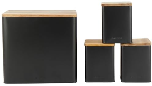 Salter BW12900EU7 Toronto 4-Piece Countertop Set – Bread Bin, Tea, Sugar, Coffee Canisters, Storage Containers, Powder Coated Black Finish, Acacia Wooden Lids, Stylish, Storage Jars, Black/Wooden