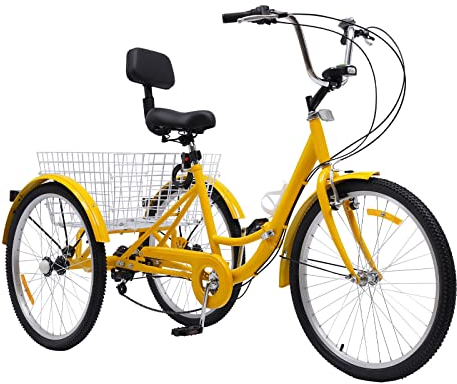 24 Zoll Dreirad Erwachsene Fahrrad Bike 3 Räder 7 Gang Mit LED und Licht Gemüsekorb,Tragfähigkeit140kg Faltbares Dreirad,für Erholung Einkaufen Transport,Gelb