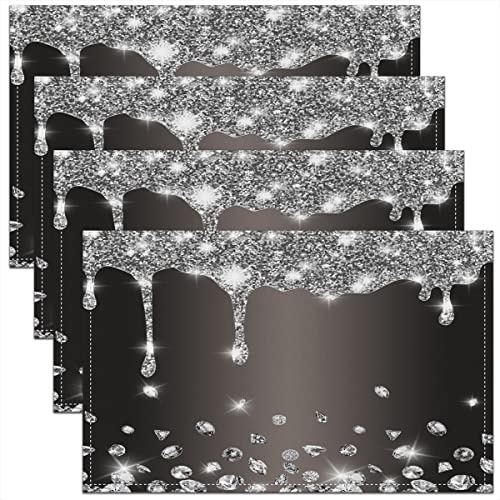 45x30cm Glitter Diamond Table Place Mats, Deep Grey Silver Shiny Placemats Set of 4 Luxury Texture Colorful Bling Modern Placemat for Kitchen Dining Table Indoor Outdoor