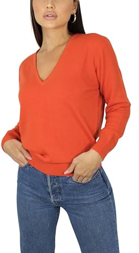 Pull Femme Col en V en Cachemire, Fabriqué en Italie (FR/ES, Alpha/Lettres, M, Taille Normale, Taille Normale, Orange)