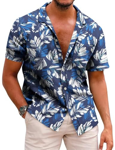 COOFANDY Chemise Homme Hawaienne Manche Courte Chemise d'Été Décontractées Chemises de Plage Casual Funky Imprimé Palmier avec Poche Avant Feuilles de Palmier Bleu et Blanc XL