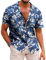 COOFANDY Chemise Homme Hawaienne Manche Courte Chemise d'Été Décontractées Chemises de Plage Casual Funky Imprimé Palmier avec Poche Avant Feuilles de Palmier Bleu et Blanc XL