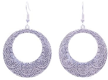 ZARZAMORA Pendientes Bohemio Vintage de Plata Tibetana Acabado Antiguo y Ganchos Acero Inoxidable- Aros Grandes Colgantes Diseño Étnico Tallado en Relieve -Regalo Original