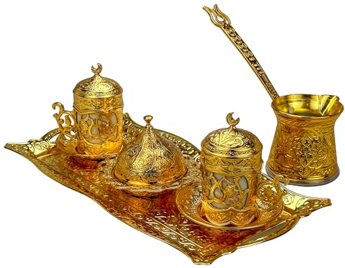 Set di tazze da caffè turco, per 2 persone, con caffettiera turca, include tazze, piattini, zuccheriera e caffettiera (oro)