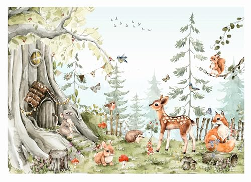 Vlies Fototapete Kinderzimmer, Wald Waldtiere Bäume Tapeten für Kinder Babyzimmer Tapeten wandtapete Tapete nach Maß 1m2