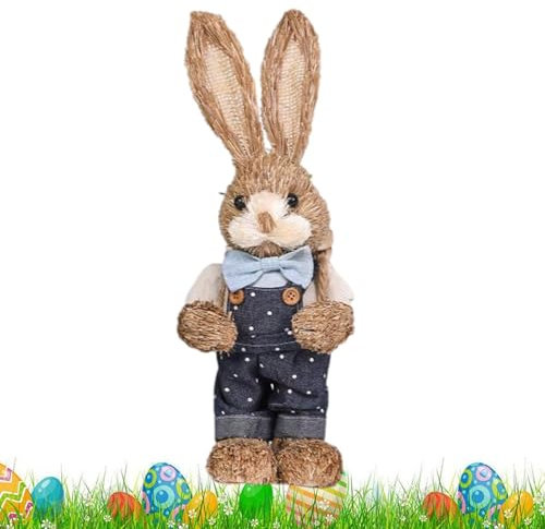 Moageme Estatuas de Conejos de Pascua de Paja, Hechas a Mano, Lindas Figuras de Conejo de Pascua de sisal, Adorable Escultura de Conejo de Paja para Adorno de Mesa