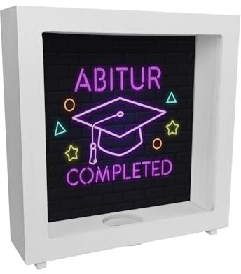 Doktorhut in Neonschrift Rahmen Spardose aus Holz mit Spruch Abitur Completed Gaming-Upgrade nach Schule Abschluss Zocken auch für Gäste vor dem Fernseher