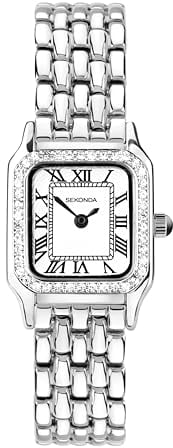 SEKONDA Monica Damen-Quarzuhr, 20 mm, Gehäuse und Armband aus Legierung, mit Lünette und weißem Zifferblatt, Glitzerndes Silber, Classic