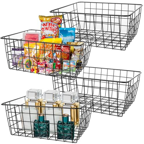 YOUNTHYE 4Pack Wire Storage Baskets, 28x22x11CM Black Basket Wire Basket with Handle, Pantry Organiser Freezer Storage Organizer for Shelf, Cabinets, Bathroom, Closets