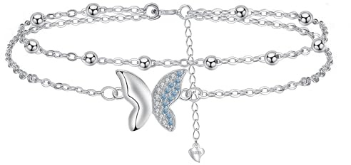 Yinsen Fußkettchen für Damen 925 Sterling Silber Böhmischer Stil Doppeltes Fußkette Anti-Fading - Sommer-Strandschmuck-Geschenke für Frauen Verstellbar 22+4cm