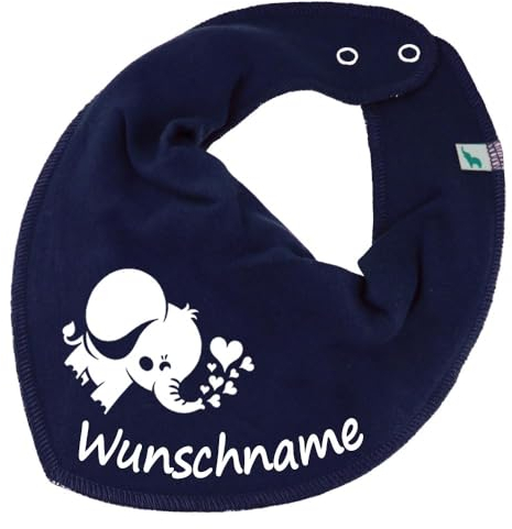 HALSTUCH mit Namen oder Text personalisiert für Baby oder Kind aus Baumwolle in Einheitsgröße Elefant blau