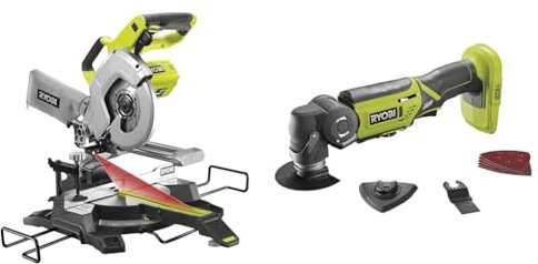 Ryobi R18MS216-0 One+ Cordless Mitre Saw, 18 V, Hyper Green & ONEPlus R18MT-0 18V Cordless Multi tool (Zero tool), Hyper Green