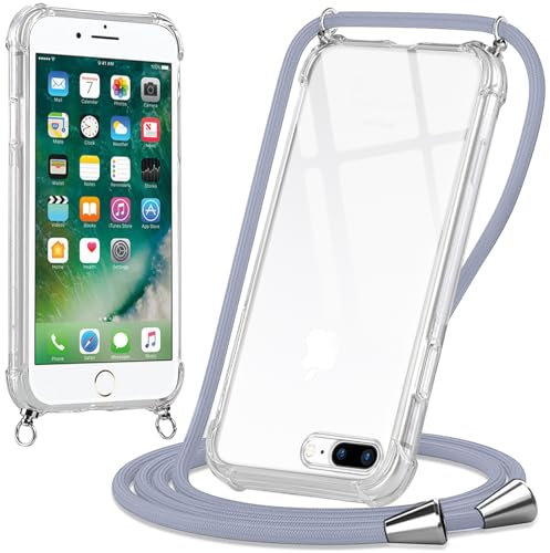 Oelrstfe Funda para iPhone 8 Plus/iPhone 7 Plus con Cuerda, Transparente TPU Suave Silicona Carcasa con Correa Colgante Ajustable Collar para iPhone 8 Plus, Gris
