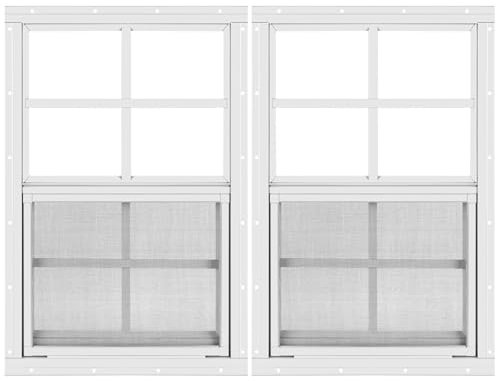 Lot de 2 fenêtres d'abri de jardin 53,3 x 35,6 cm (H x l) - Blanc encastré avec verre trempé et écran amovible pour cabanes, abris de jardin, garage et poulailler