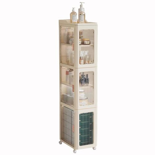 6-Tier Tall Narrow Storage Cabinet, Bathroom Storage Organizer with Transparent Doors and Movable Wheels, Plastic Foldable Storage Box for Small Space, Bathroom, Kitchen (Beige and Transparent)