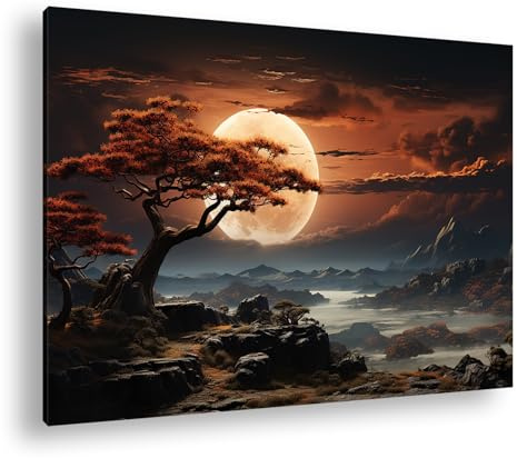 deyoli Goldener Mond leuchtet über einer mystischen Landschaft. Format: 100x70cm XXL Kunstdruck Motiv auf Holzrahmen/Leinwandbild/Wandbild/Wohnzimmer Dekoration