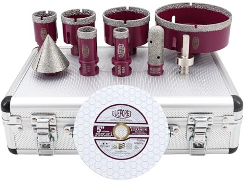 QUEFORET Forets Diamant pour Carrelage 10 Pièces - 20/25/35/50/68/110mm x M14 Trépan, 20mm Fraise, 50mm Mèche de Chanfrein, Adaptateur, Disque Diamant 125mm pour Céramique Porcelaine Marbre Granit