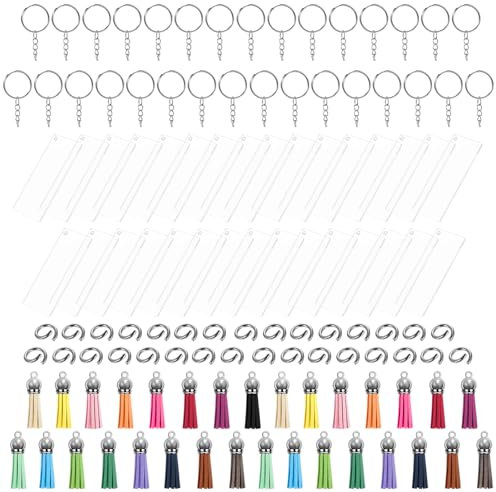 PIANKEKE 124 Stück Acryl Schlüsselanhänger Rohlinge Set, mit 31 Bunt Quasten Anhänger, 31 Acryl Rechteck Rohlinge Schlüsselringe mit 31 Kette und 31 Biegeringe, für DIY Schlüsselbund Basteln
