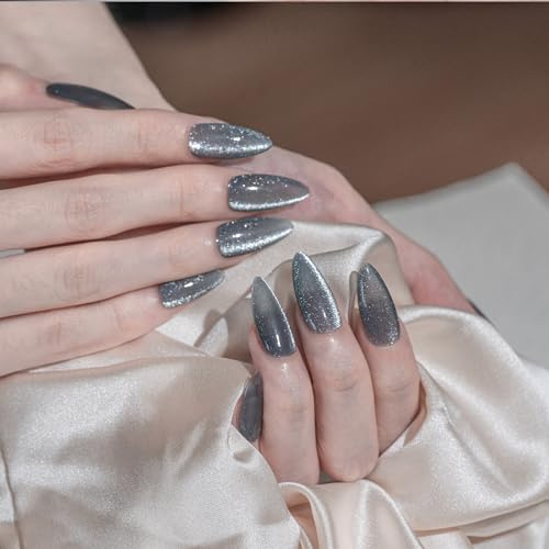 Sun&Beam Nails Handmade Press-On Nails Medium Almond Silver (#240 S) | Handmade 10-piece set in silver glitter with cat-eye effect and glossy finish