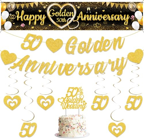 Aurmonigo 50th Wedding Anniversary Decorations - Happy Golden Anniversary Banner Glitter Heart Hanging Swirls, Cake Topper Decoration Supplies for 50 Years Golden Wedding Party